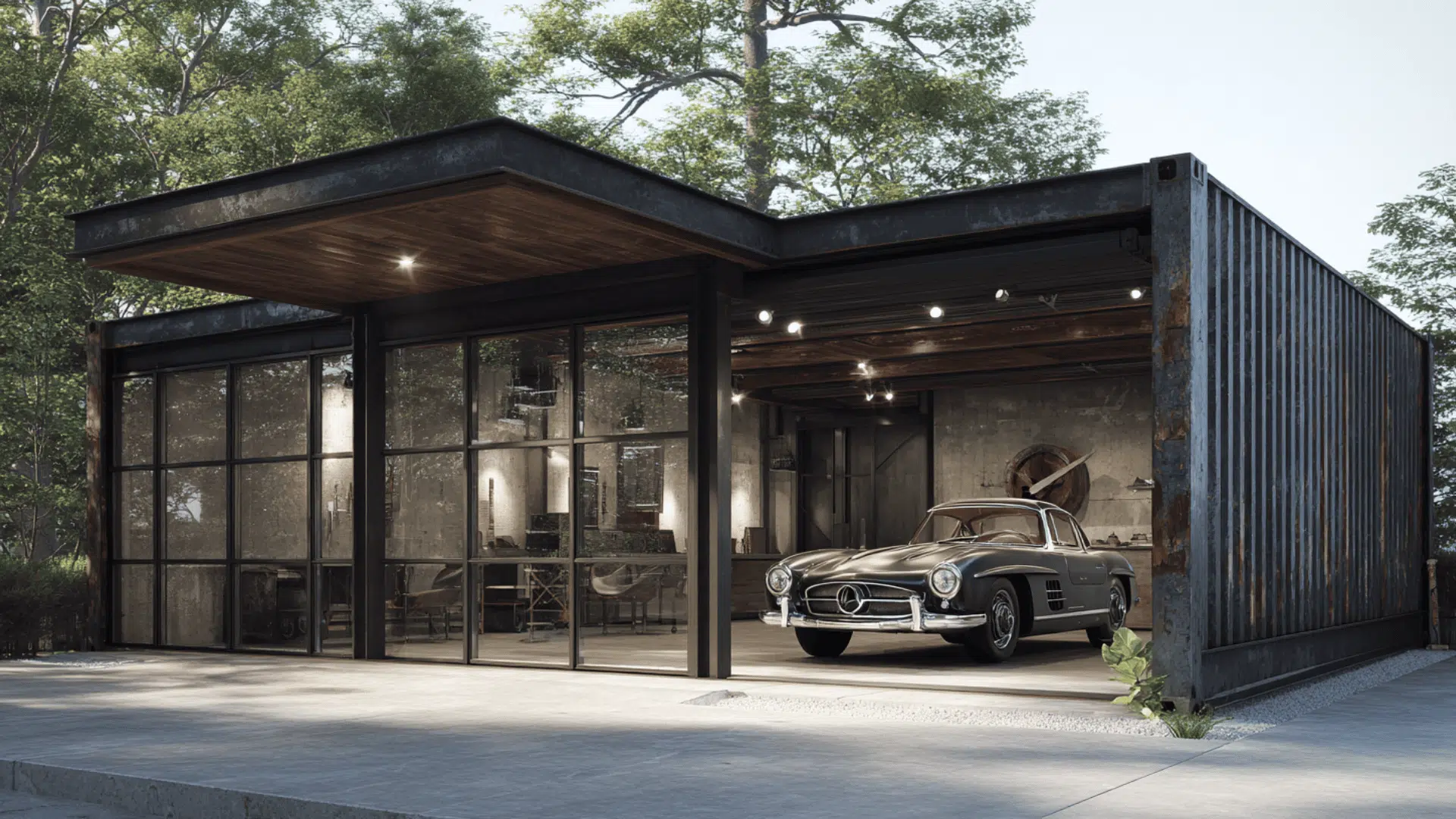 modern industrial garage with glass panels