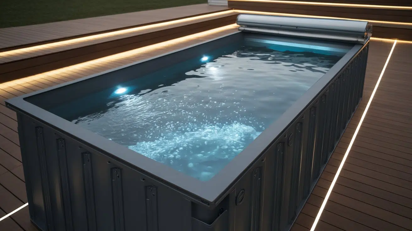 shipping container pool with jets and LED lights