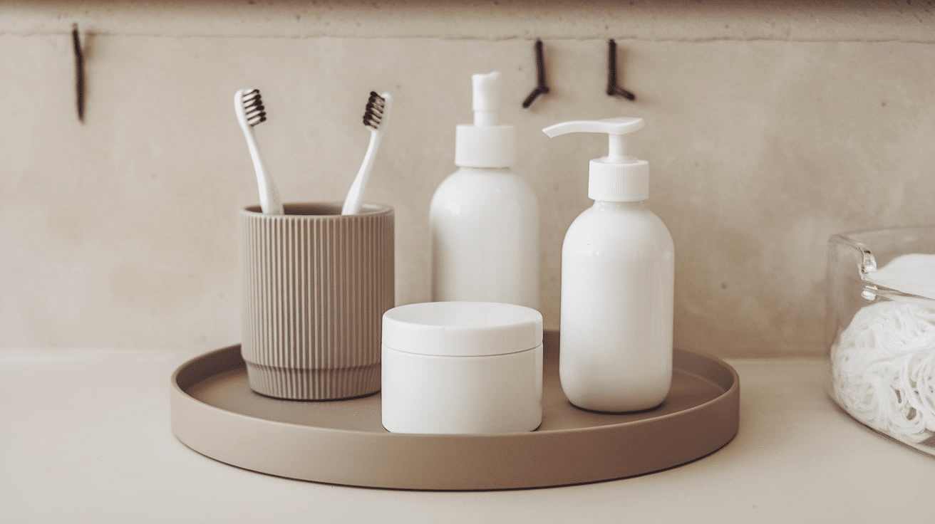 bathroom counter with daily essentials tray for skincare home organization