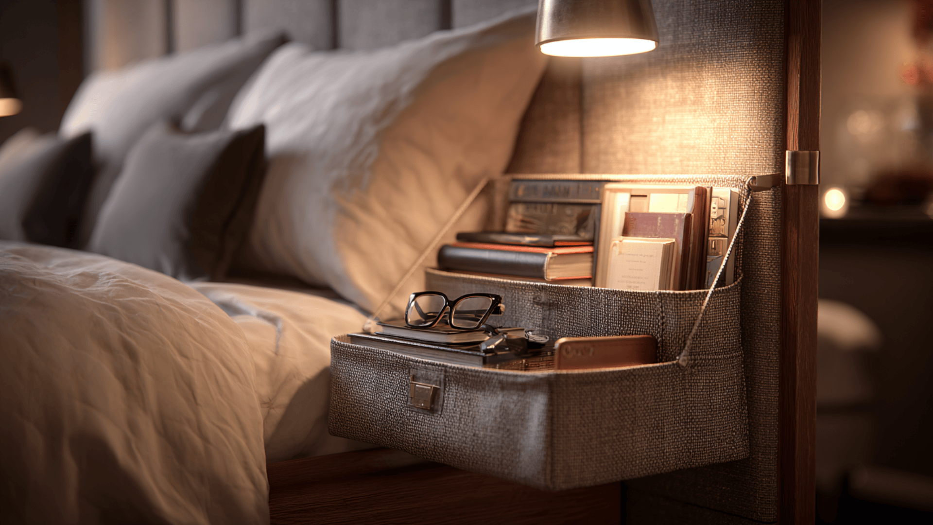 bedside caddy or hanging organizer for studio apartment storage ideas
