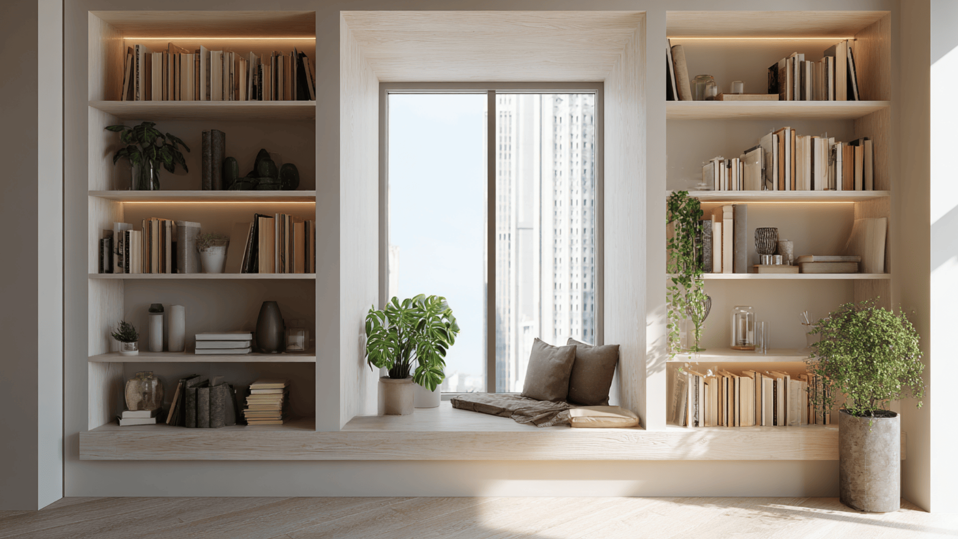 built-in-shelving-around-doors and windows for studio apartment storage ideas
