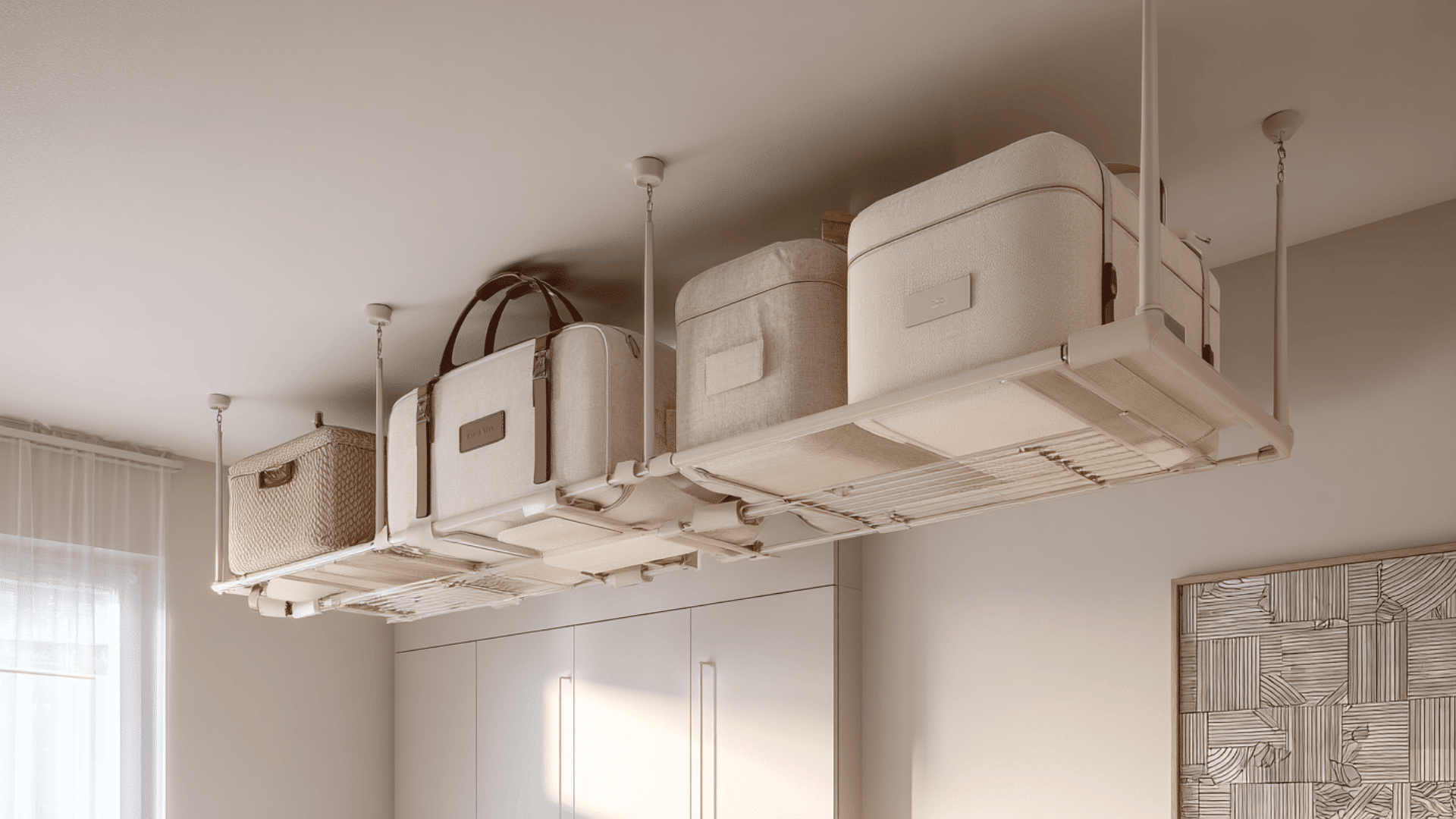 ceiling mounted storage racks for studio apartment storage ideas