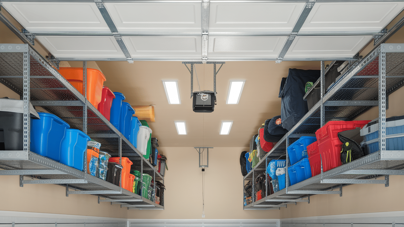 ceiling mounted storage racks with bins and gear in garage home organization