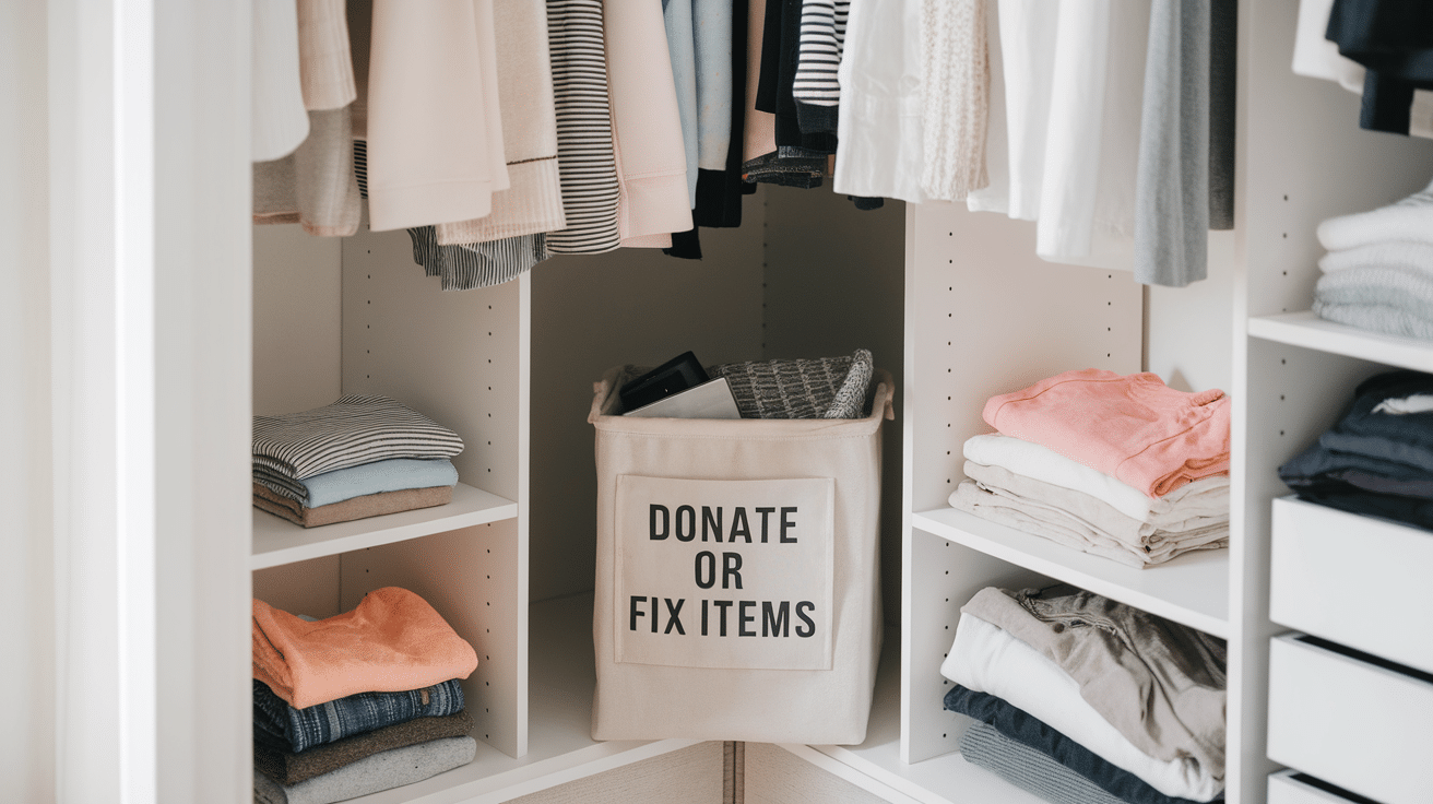 closet donate or fix bin with neatly organized clothes home organization