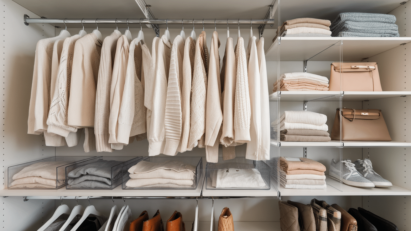 closet shelf with clear dividers separating clothes home organization