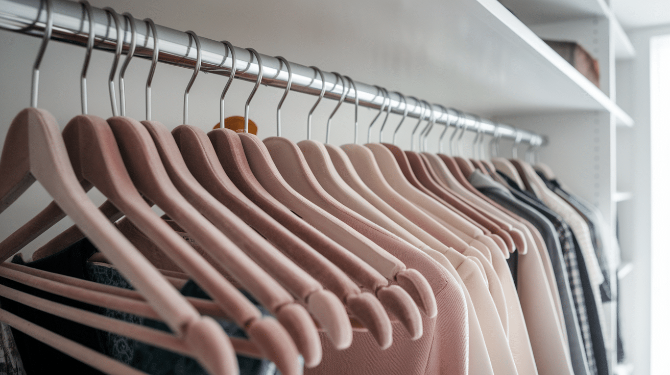 closet with matching slim hangers and organized clothing home organization