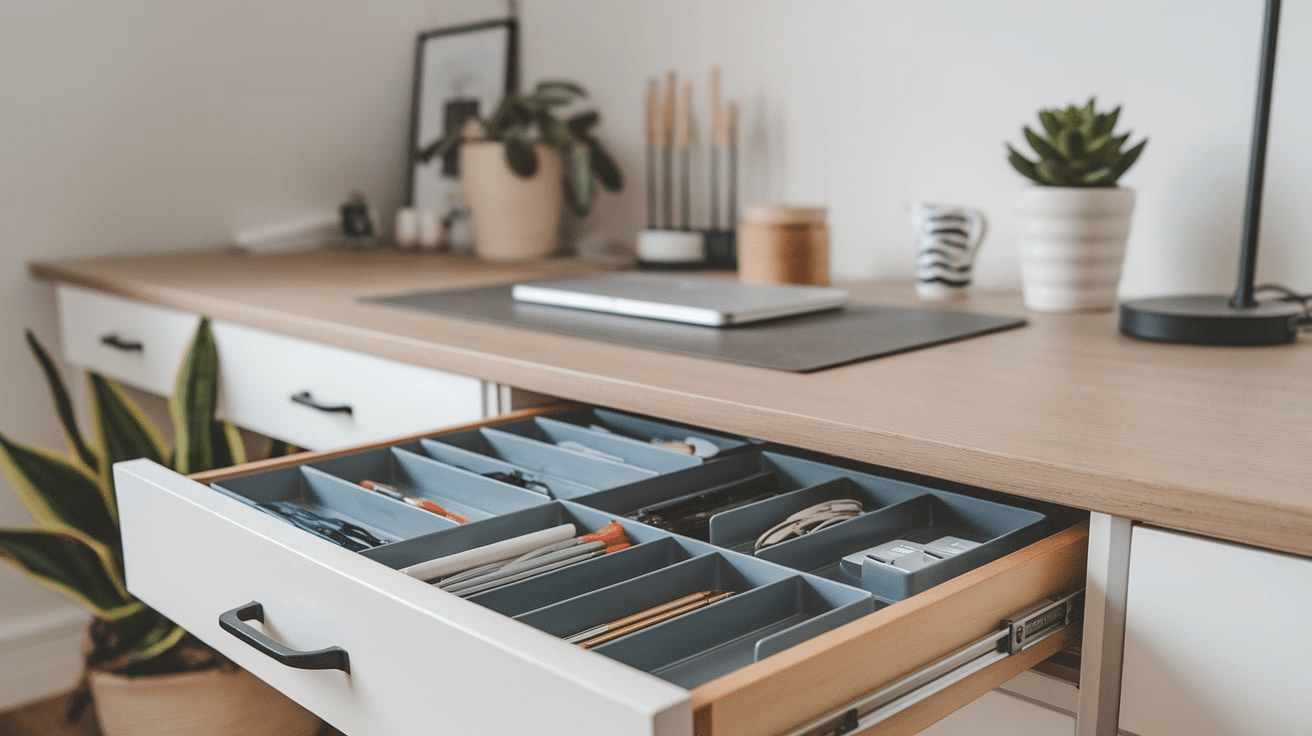 desk drawer organizers with pens and office supplies home organization