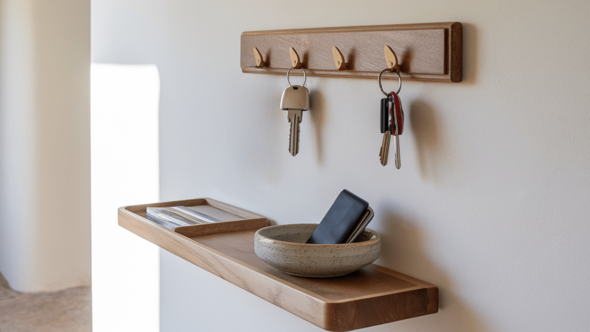 entryway key and essentials station with shelf and hook home organization