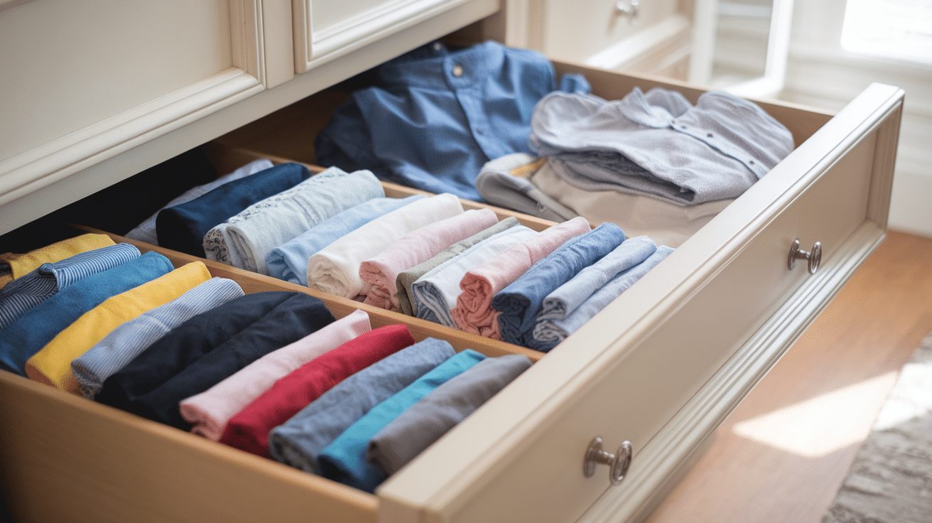 file folded clothing in dresser drawer for closet home organization