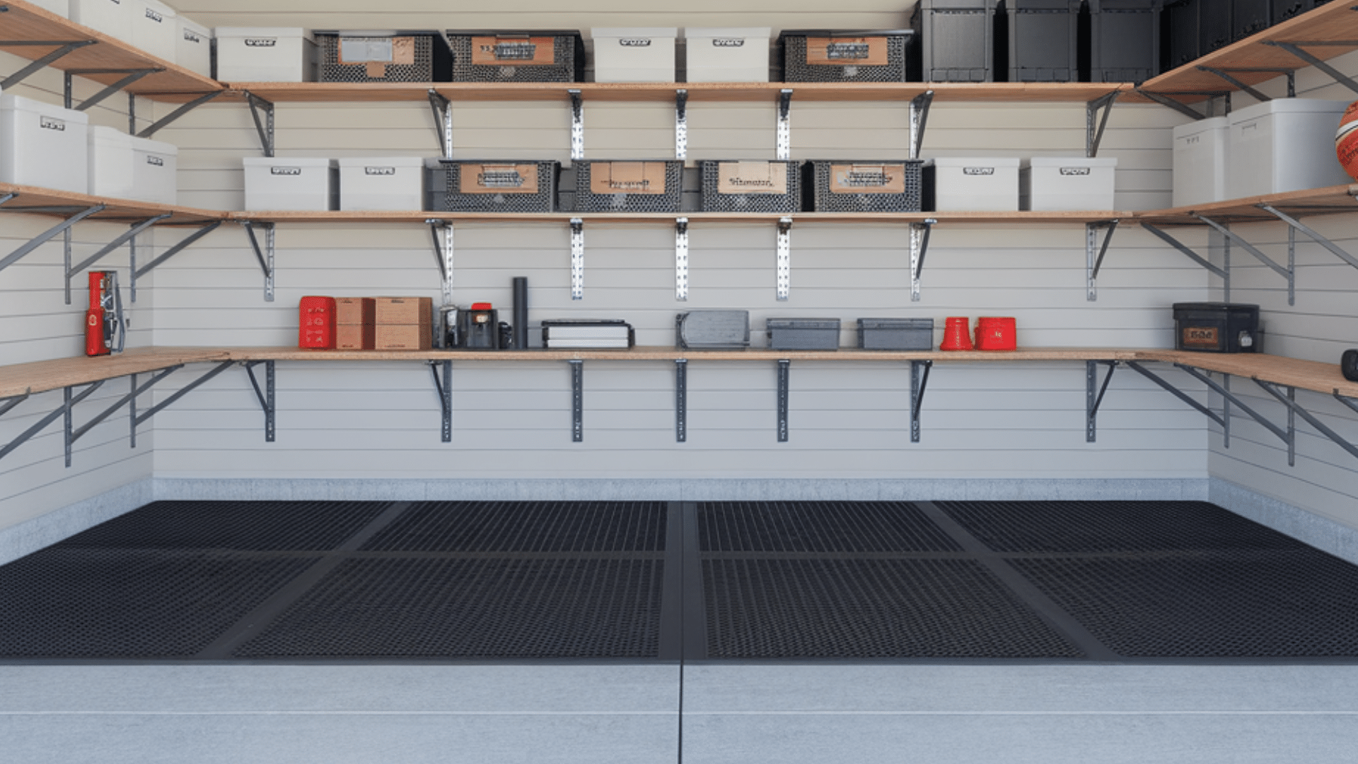 garage wall mounted shelves with labeled boxes and tools home organization