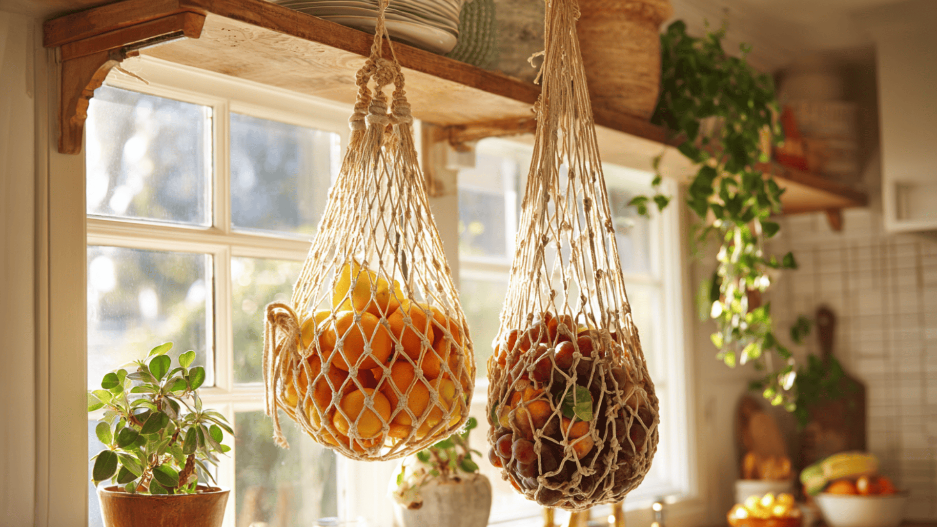 hanging baskets and nets for studio apartment storage ideas