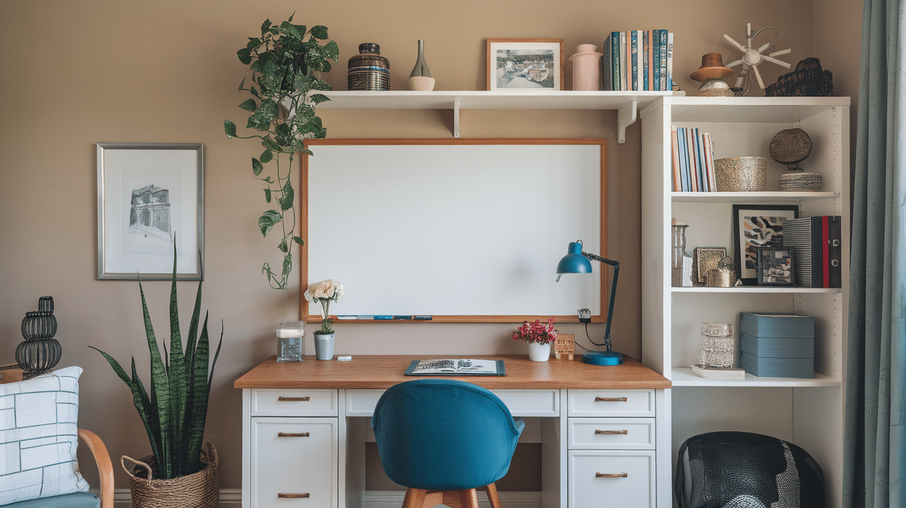 home office with whiteboard and organized desk home organization