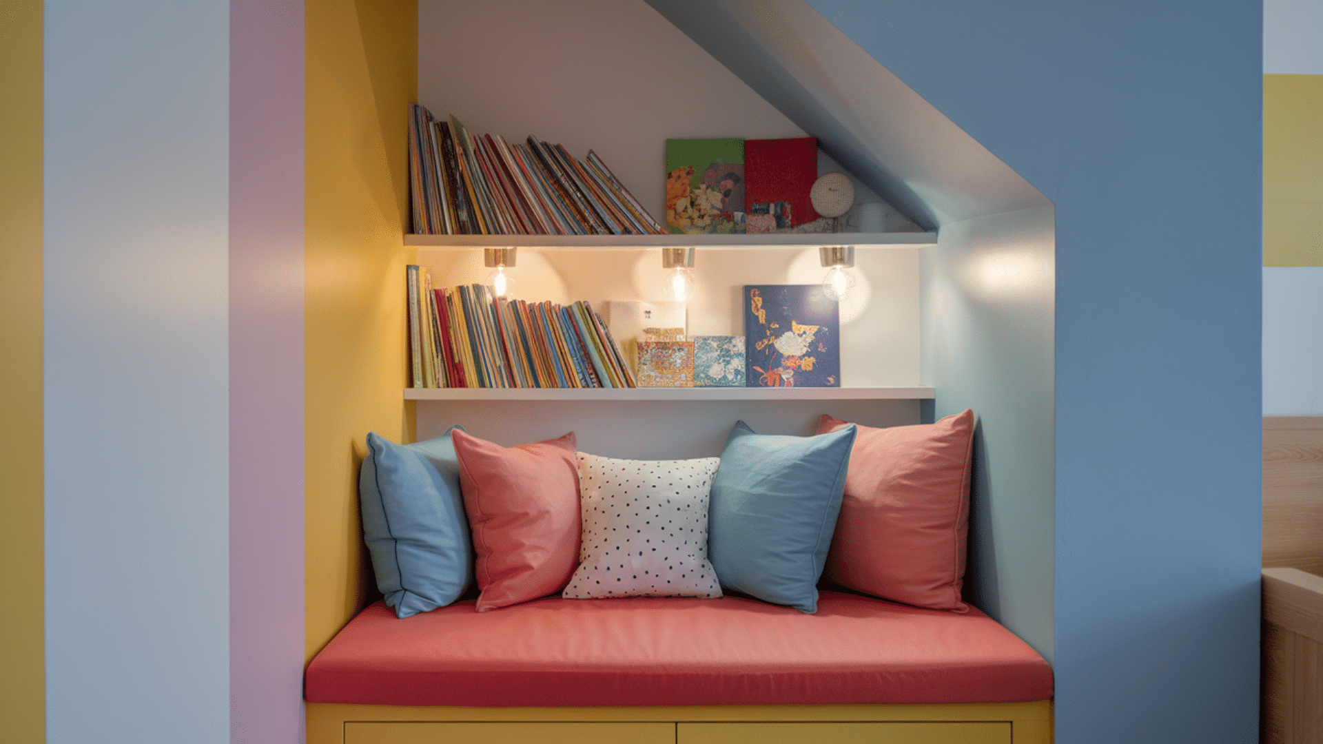 kids reading nook with bookshelf and cushions home organization