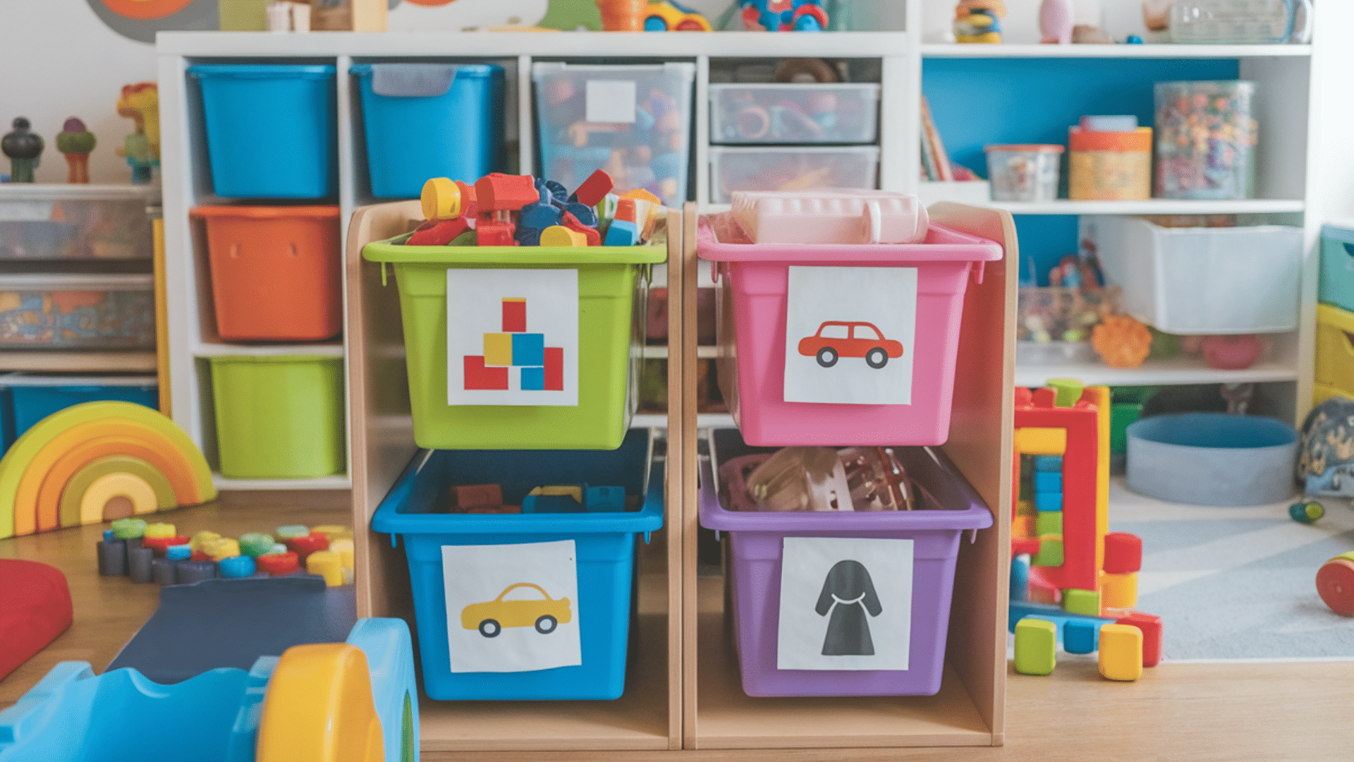 large toy bins with picture labels in kids playroom home organization