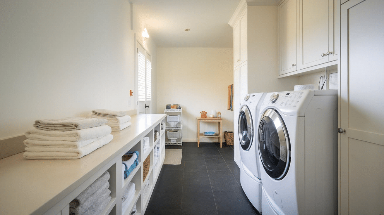 laundry room folding station with counter and folded towels home organization