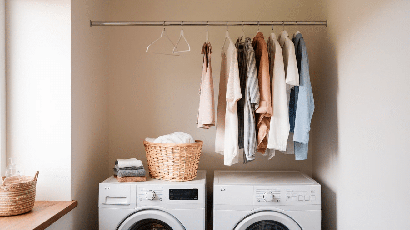 laundry room hanging rod with clothes on hangers home organization