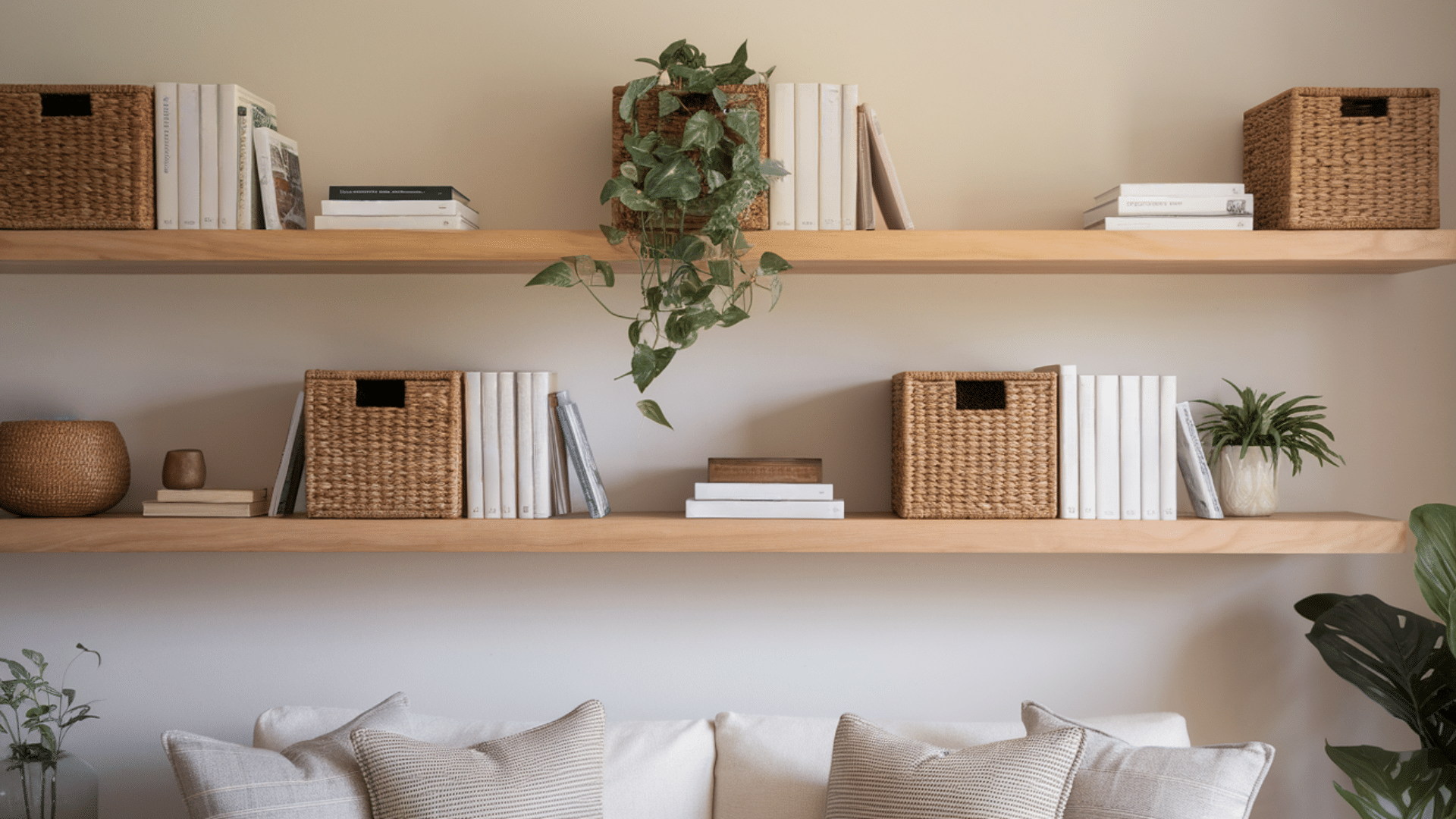 living room floating shelves with books and baskets home organization