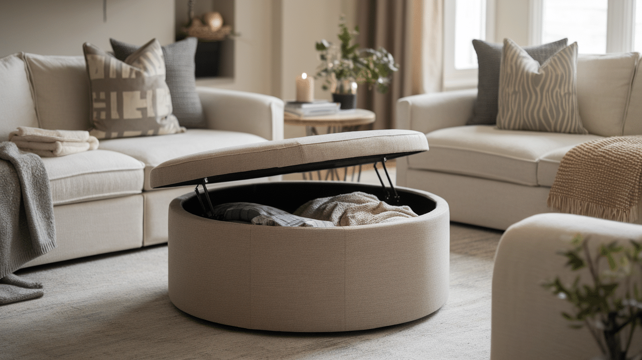 living room storage ottoman with hidden blanket space home organization