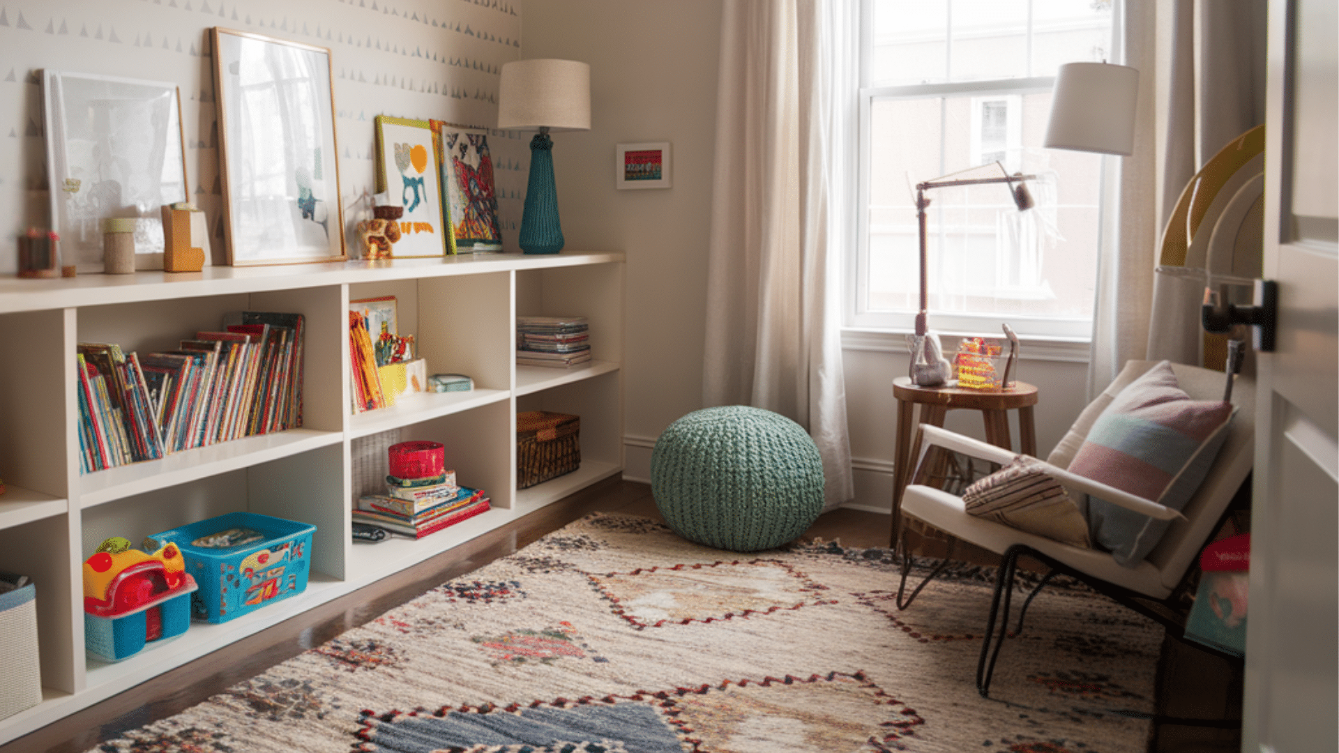 low shelving units with baskets and books in kids room home organization