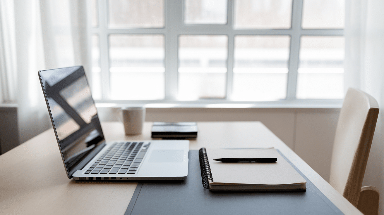 minimal desktop setup with laptop and notebook