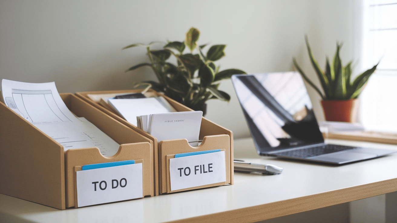 paper management system with labeled file trays home organization