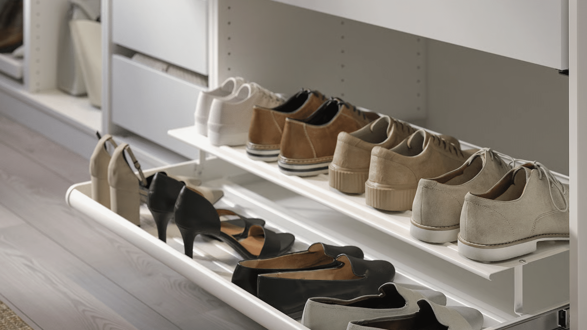 pull out shoe drawers in entry closet with ventilation home organization