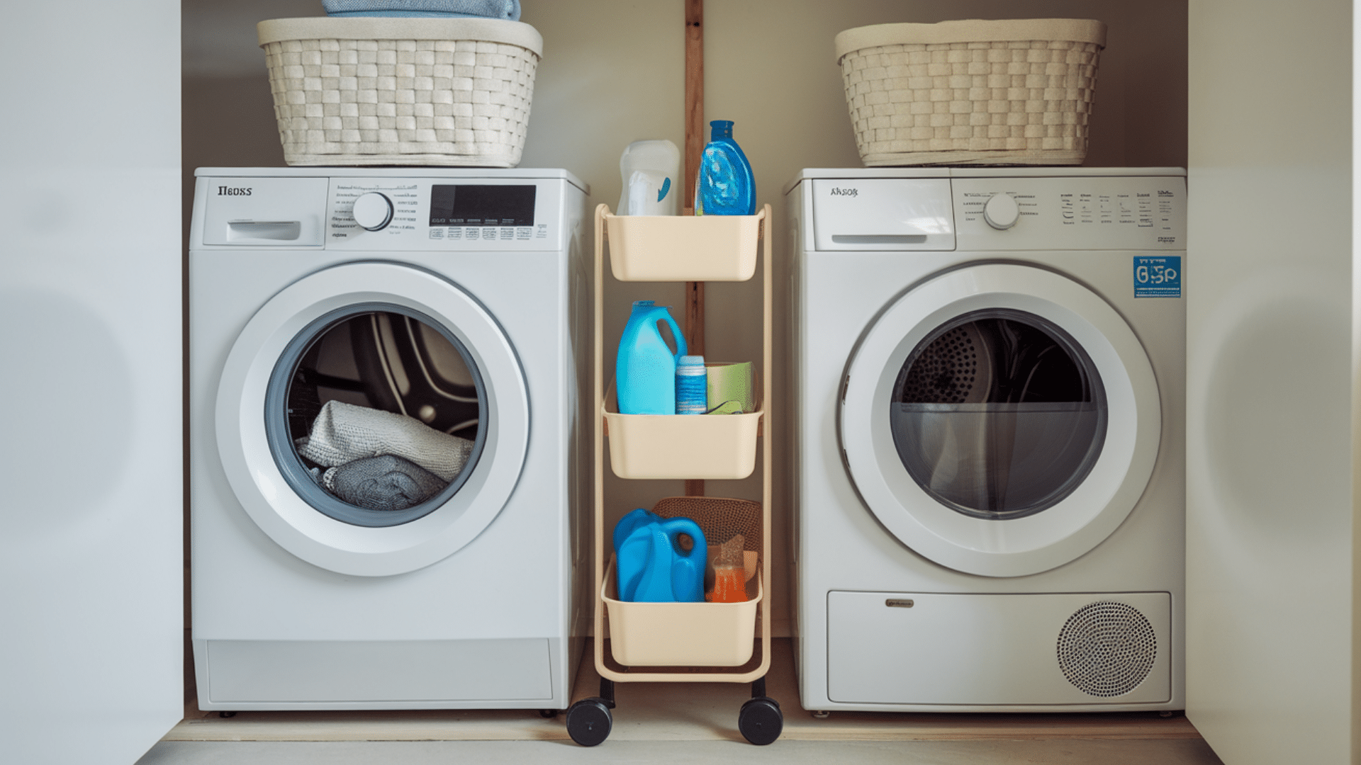 rolling cart between washer and dryer with supplies home organization