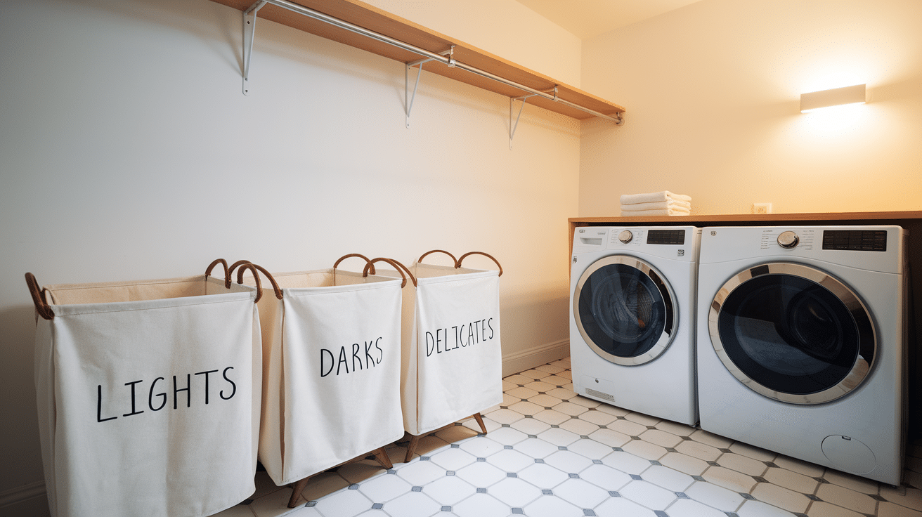 separate laundry hampers labeled lights darks delicates home organization