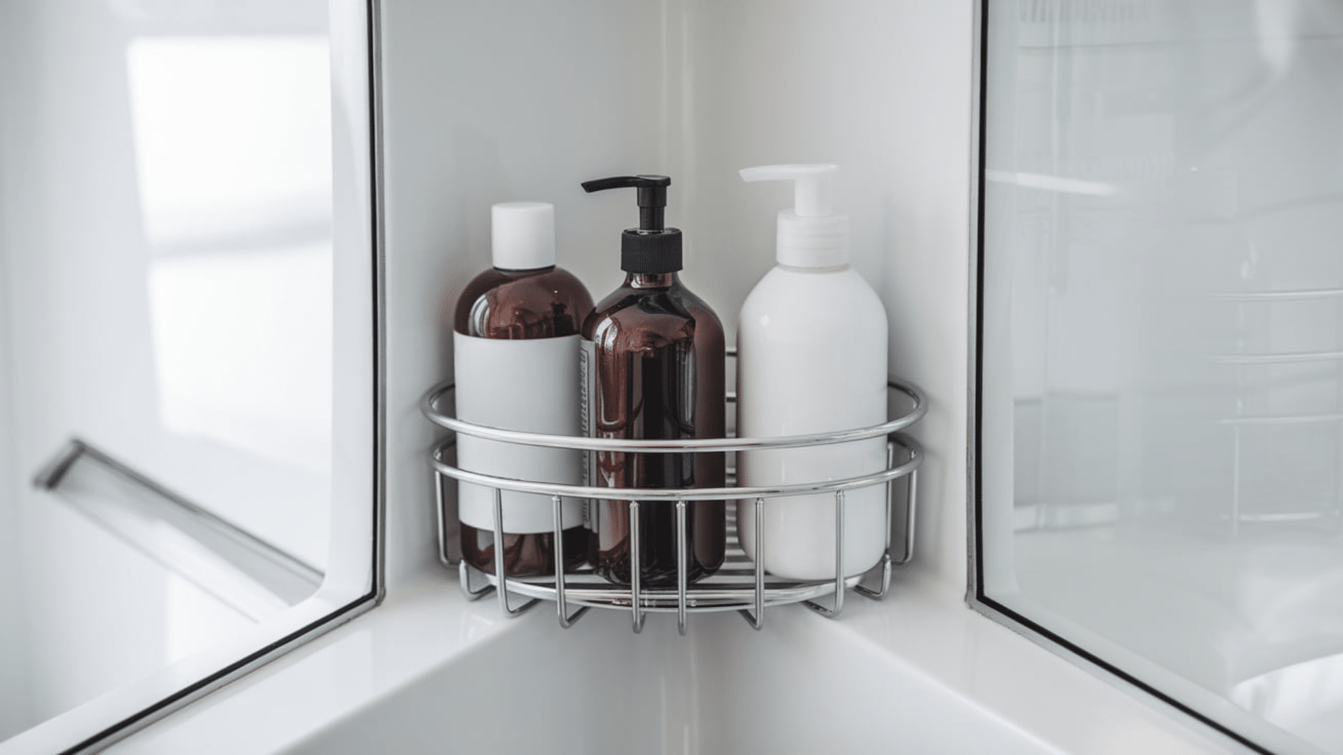 shower caddy with shampoo and soap bottles in bathroom home organization