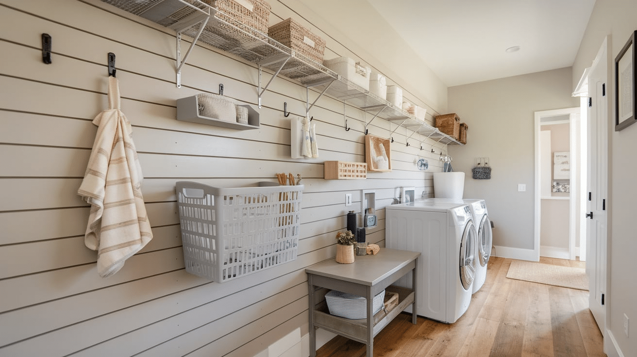 slat wall system with hooks and baskets in laundry room home organization
