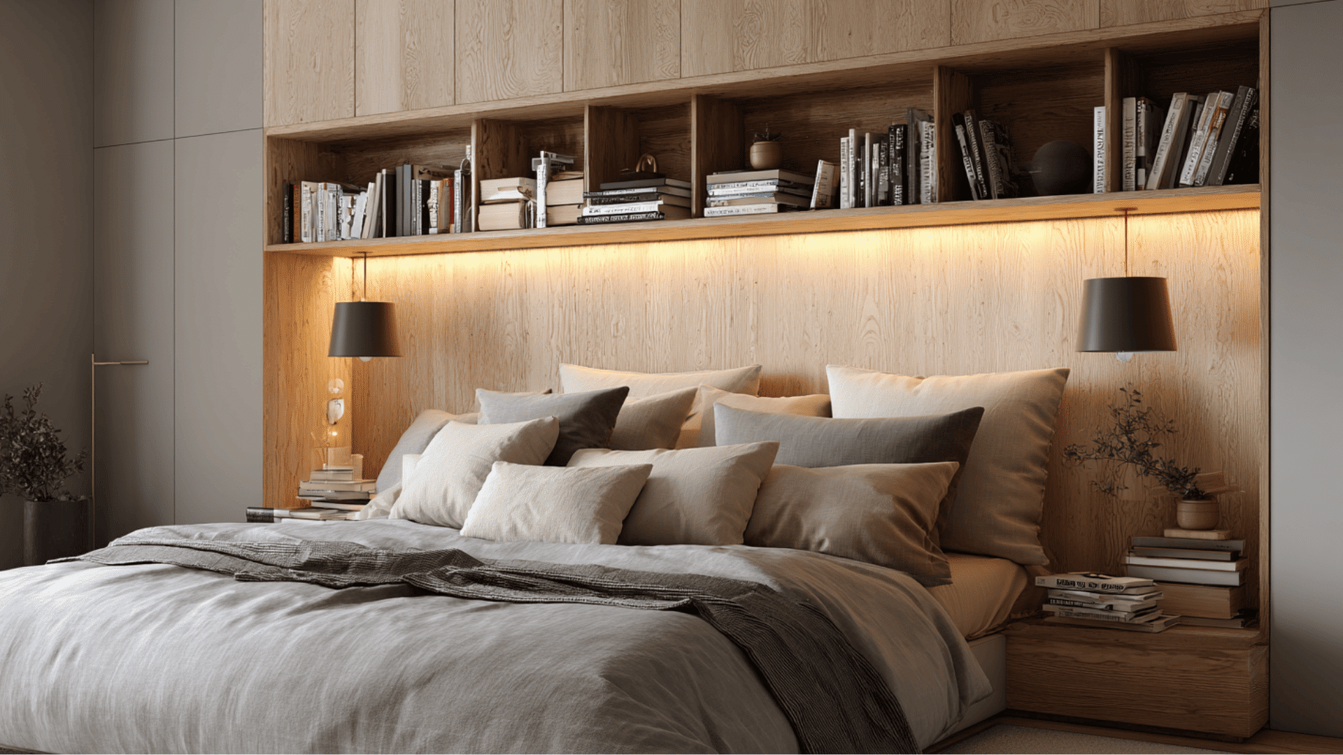 storage-headboard-with-built in shelves for studio apartment storage ideas