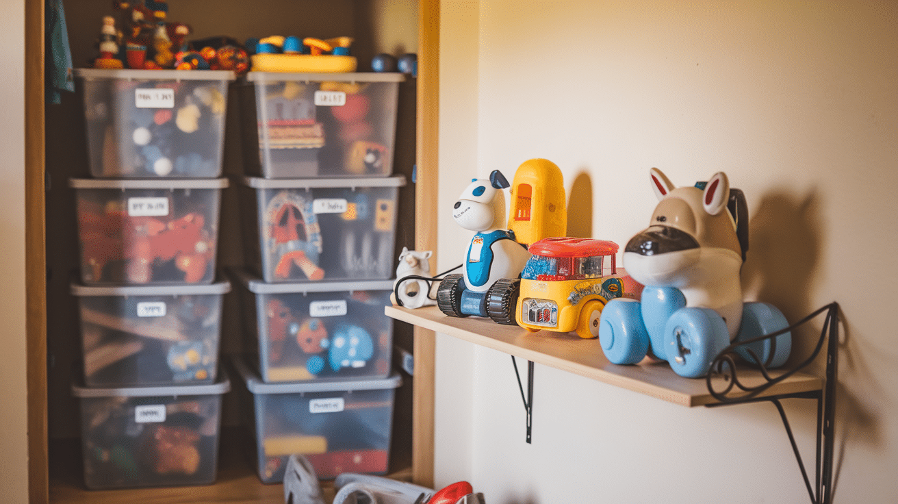 toy rotation system with labeled storage bins in kids room home organization