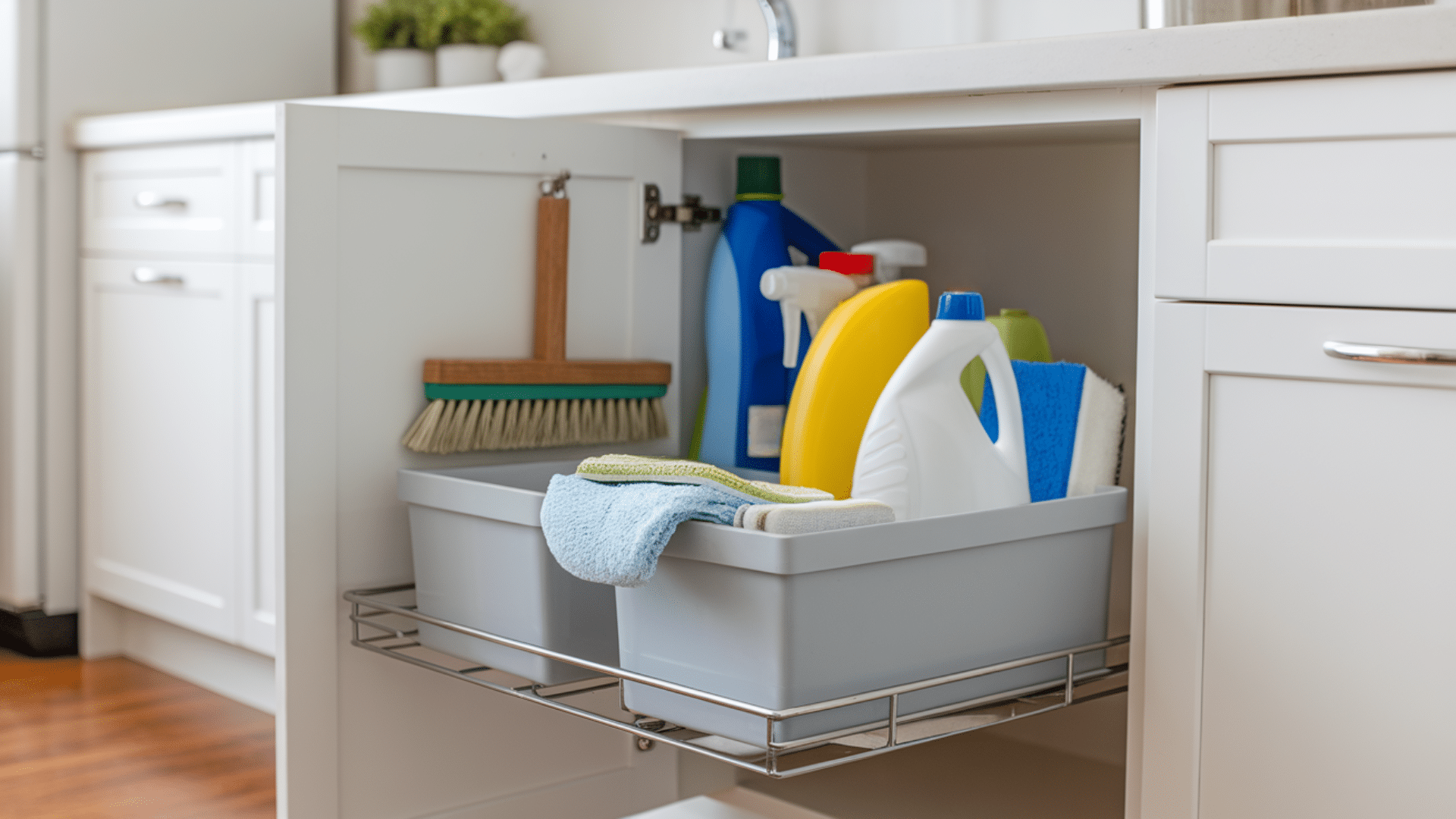 under sink storage with cleaning supplies and caddies home organization