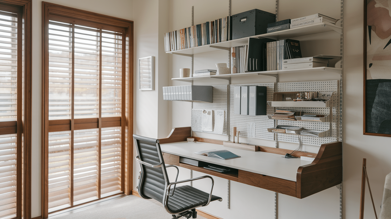 vertical storage with shelves and pegboard above desk home organization