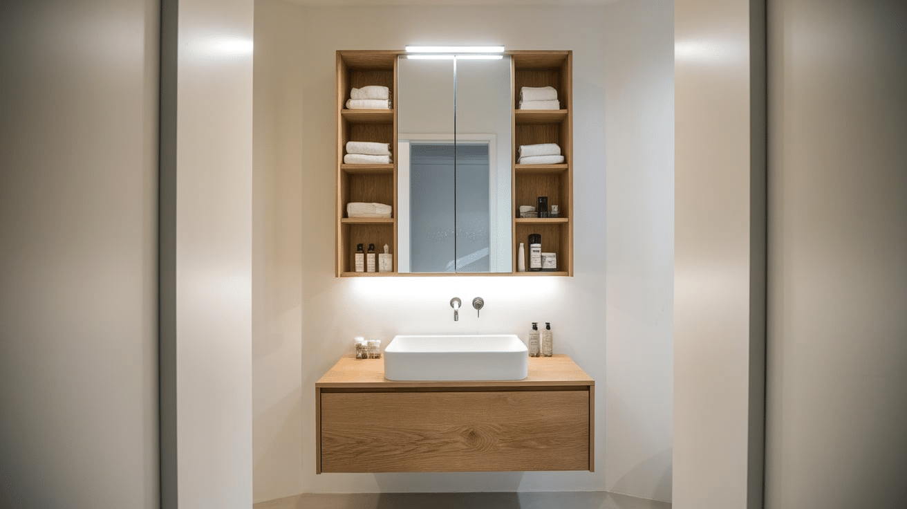 wall mounted bathroom cabinets above sink with towels and toiletries home organization