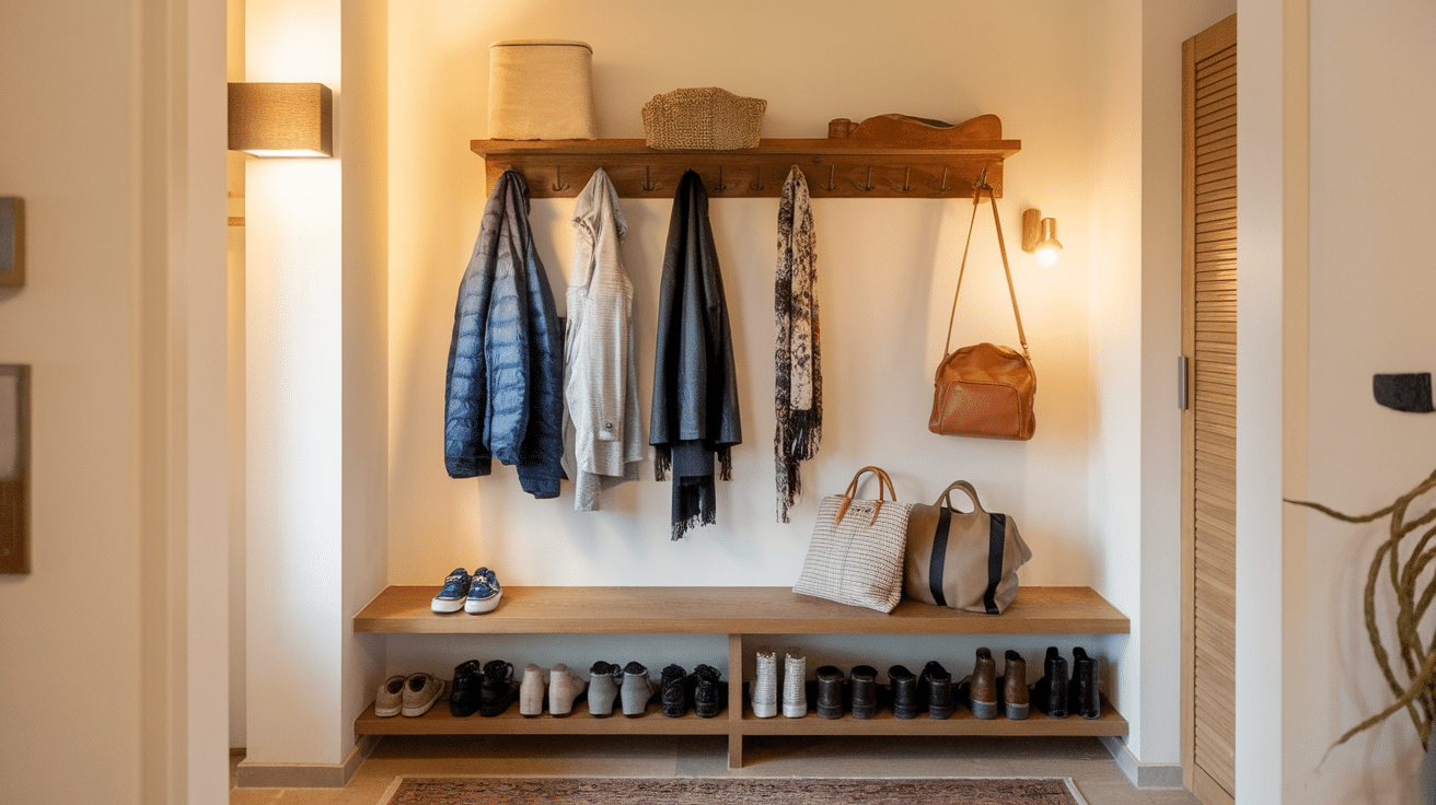 wall mounted coat rack in entryway with jackets and bags home organization