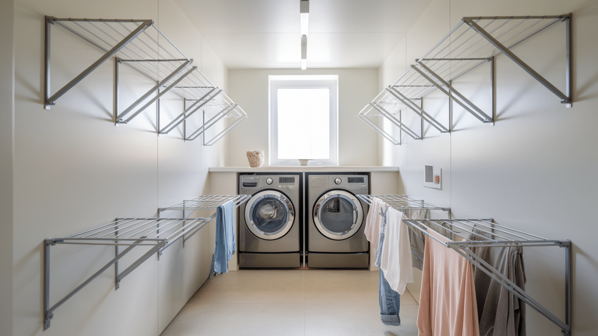 wall mounted drying racks with clothes above washer home organization