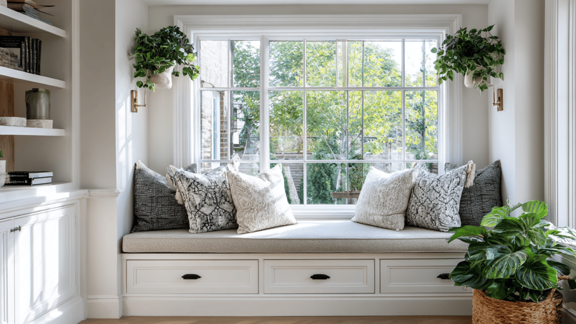 window seat with hidden storage base for studio apartment storage ideas