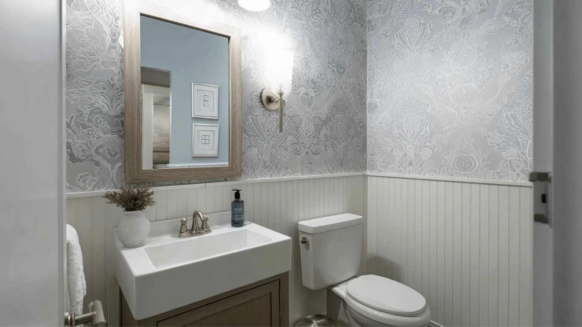 add peel and stick wallpaper or beadboard panels