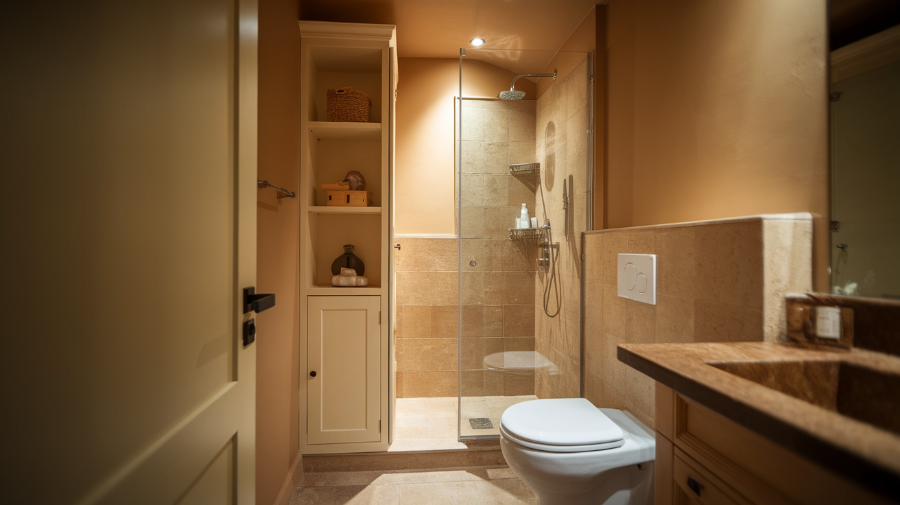 behind storage cabinet small bathroom walk in shower idea