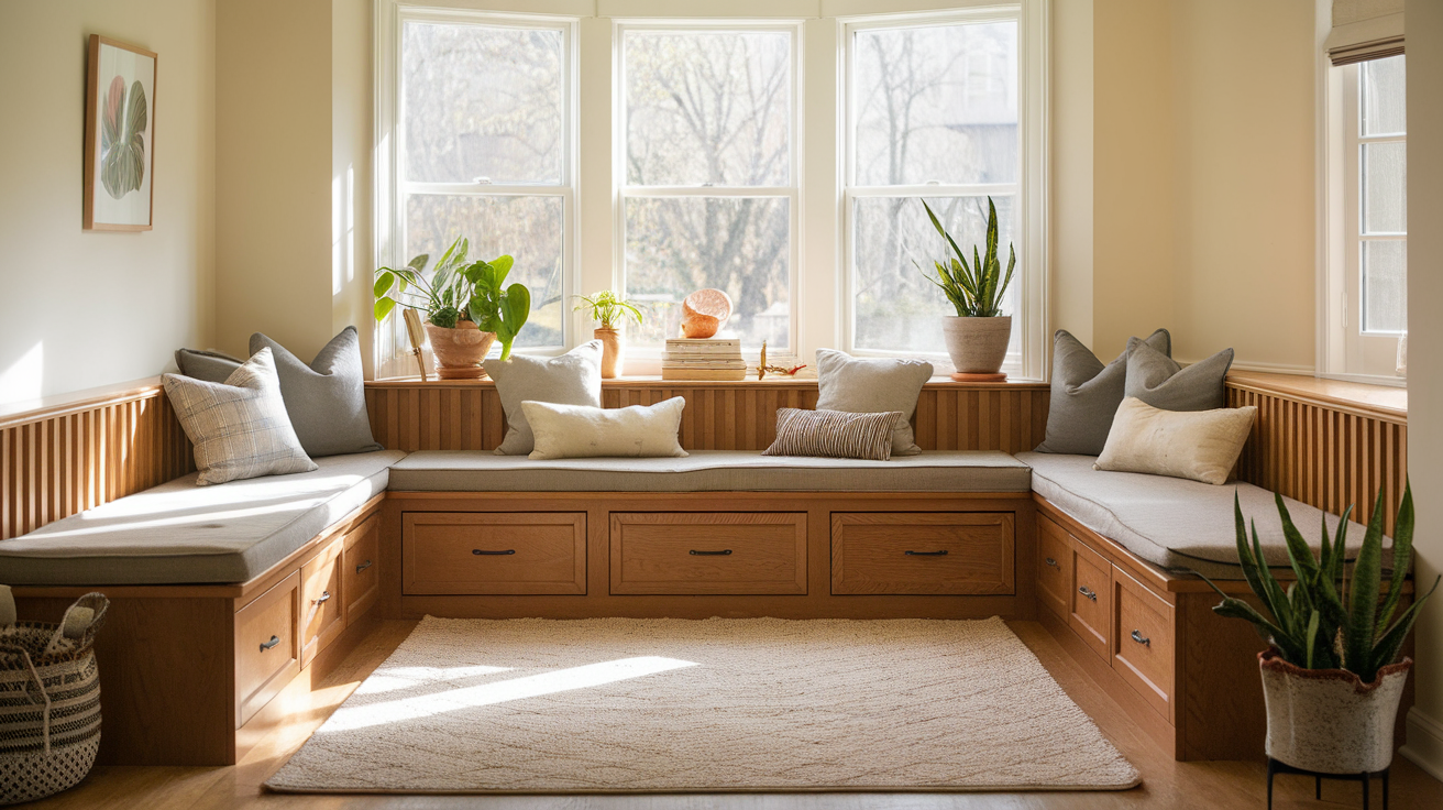 built in sofa bench with hidden storage tiny house interior