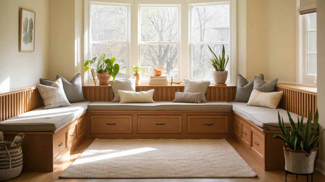 built in sofa bench with hidden storage tiny house interior