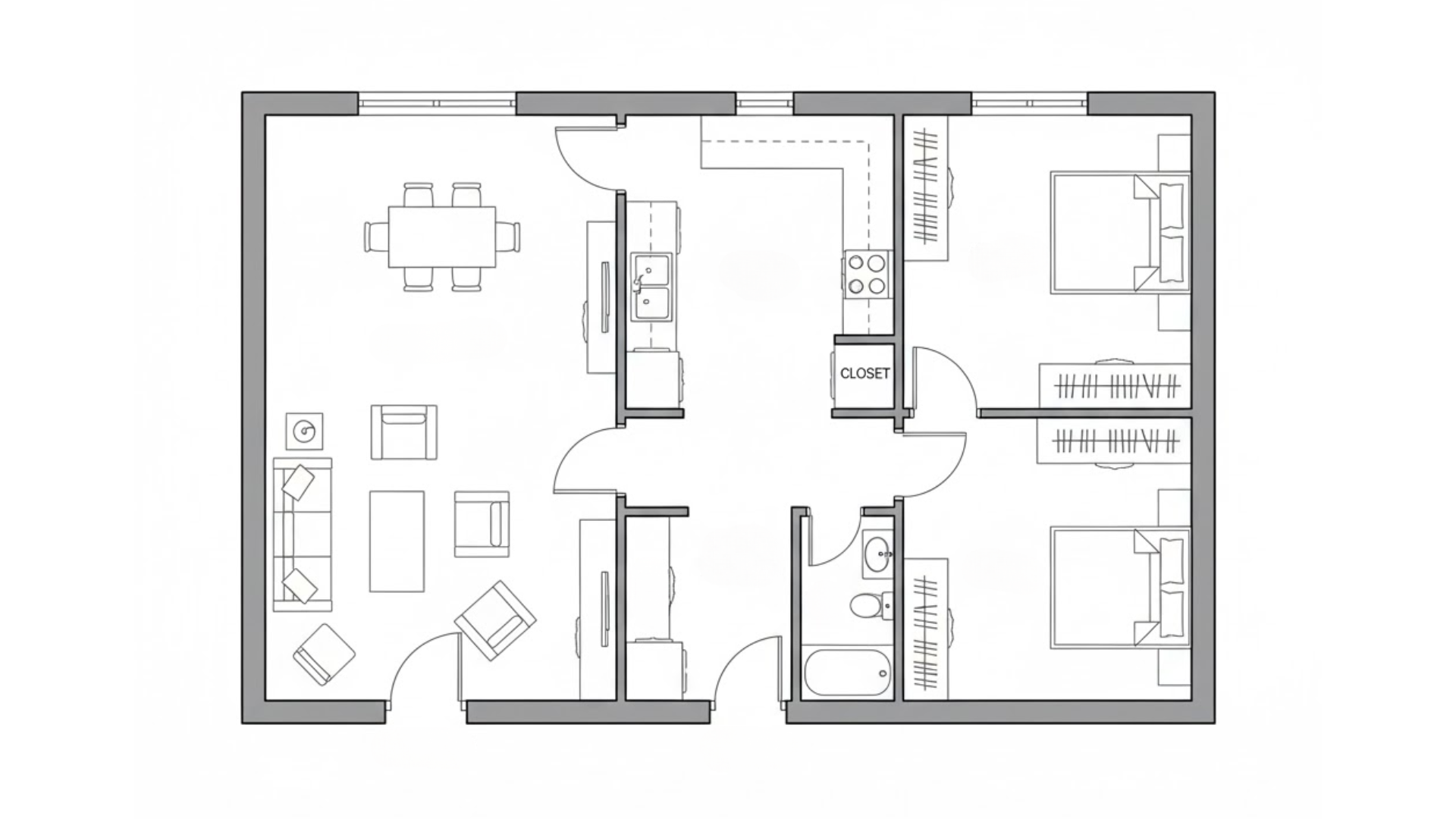 central kitchen two bedroom small house floor plans