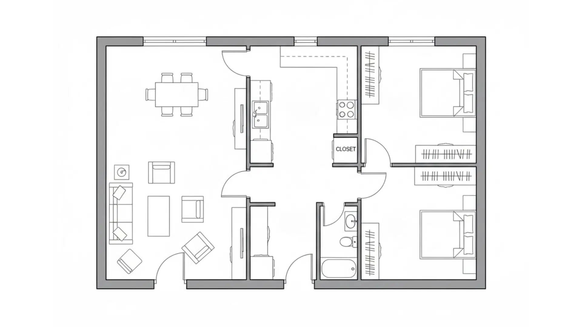 central kitchen two bedroom small house floor plans