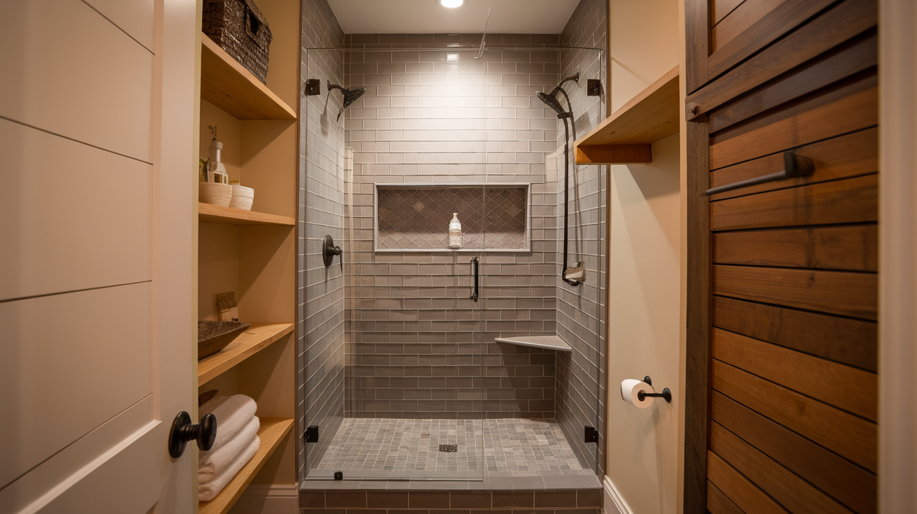closet recess small bathroom walk in shower idea