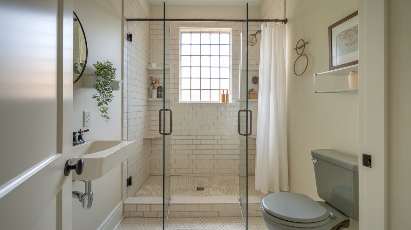converted powder room small bathroom walk in shower idea