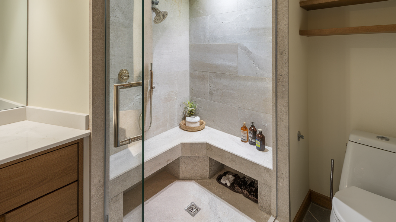 corner bench layout small bathroom walk in shower idea