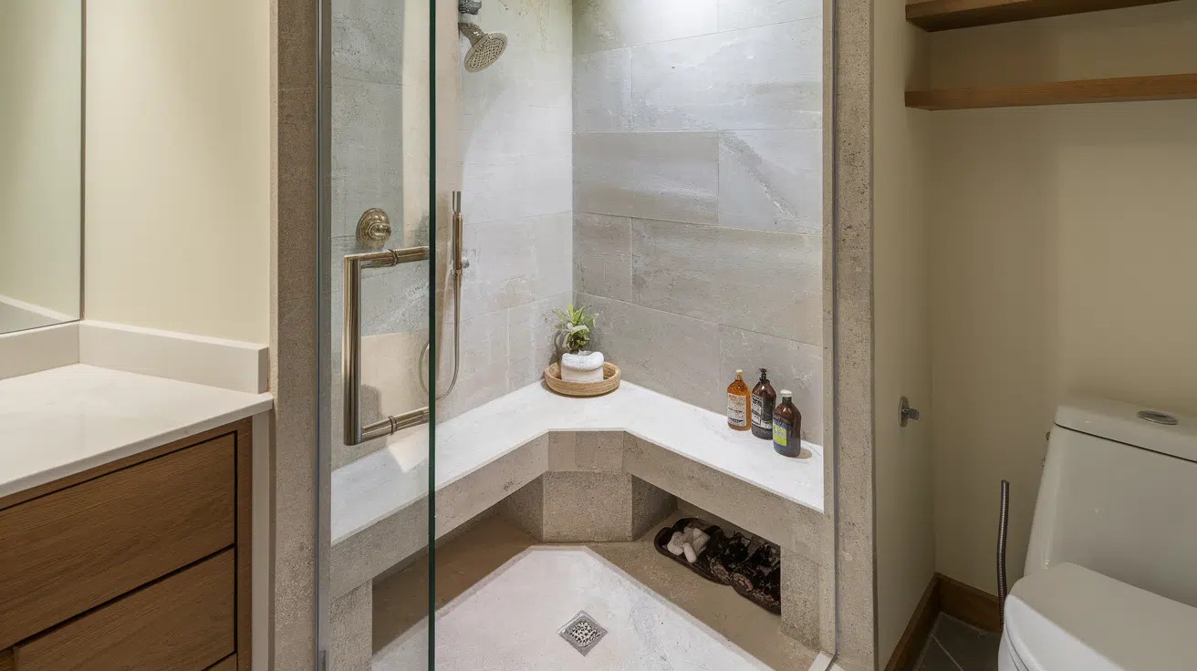 corner bench layout small bathroom walk in shower idea