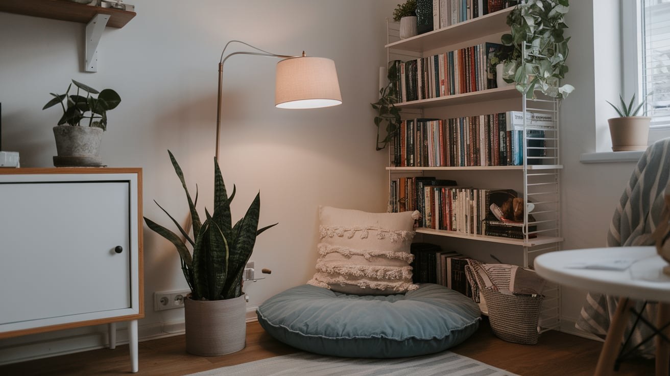corner reading nook with floor cushions tiny house interior
