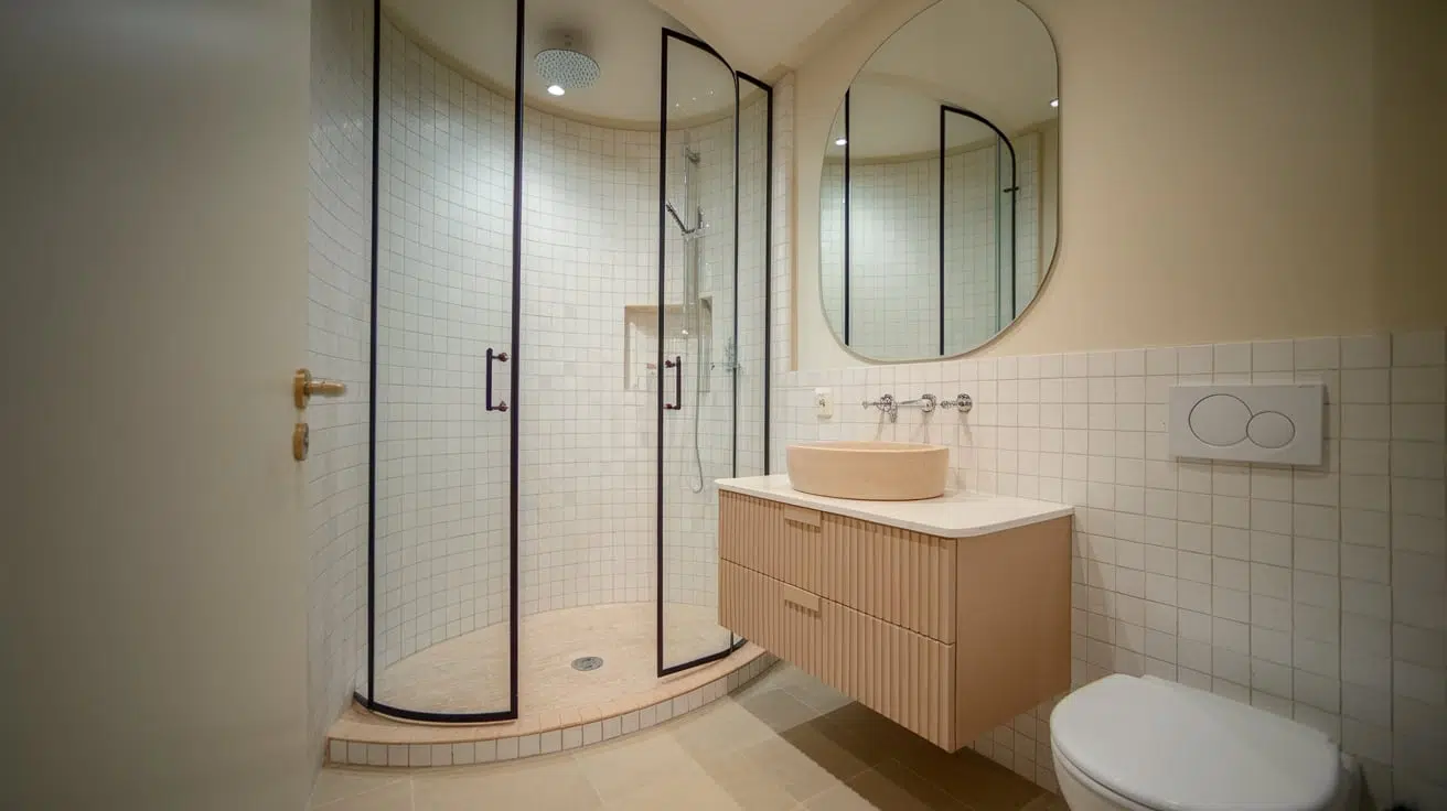 curved glass small bathroom walk in shower idea